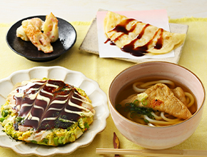 しのさんちのお好み焼き/ちくわの紅生姜揚げ/イカ焼き/関西風うどん