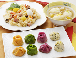 カラフル餃子/八宝おこわ/山芋だんごと白きくらげのスープ