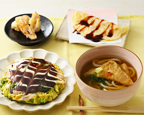 クッキング：しのさんちのお好み焼き/ちくわの紅生姜揚げ/イカ焼き/関西風うどん