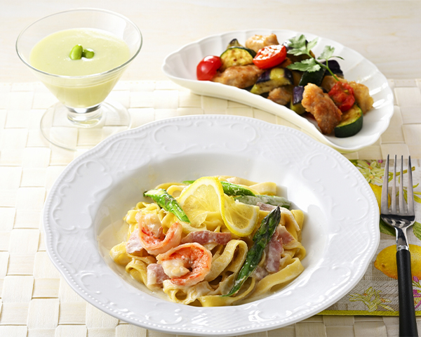 クッキング：レモンクリームパスタ/枝豆のヴィシソワーズ/豚肉と夏野菜のイタリアンマリネ