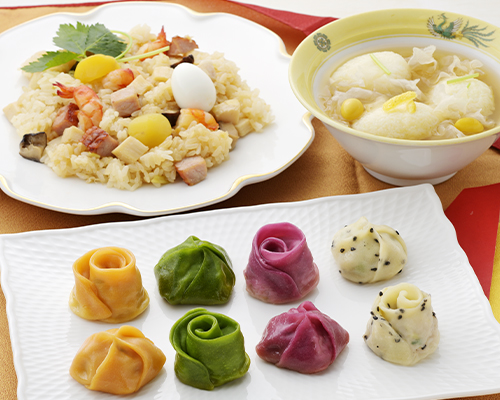 クッキング：カラフル餃子/八宝おこわ/山芋だんごと白きくらげのスープ