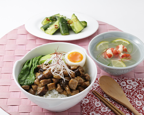 魯肉飯/海老塩レモンスープ/きゅうりの花椒香味漬け