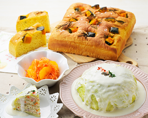 パン：かぼちゃのフォカッチャ/シューファルシー/みかんとにんじんのラぺ