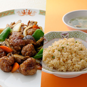 酢豚/青梗菜と干しえびのスープ/炊き込みねぎチャーハン