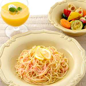 レモン風味のたらこスパゲッティ/焼き野菜のバルサミコソース/マンゴーゼリー
